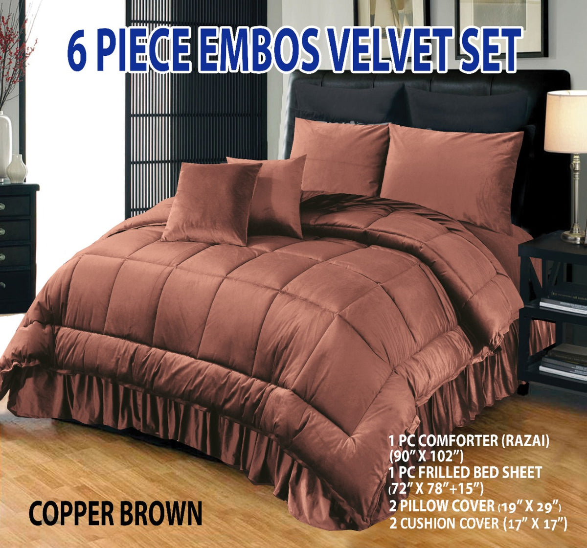 6 PC Bridal Embossed Velvet Frill Duvet ( Razai) Set Design # 131