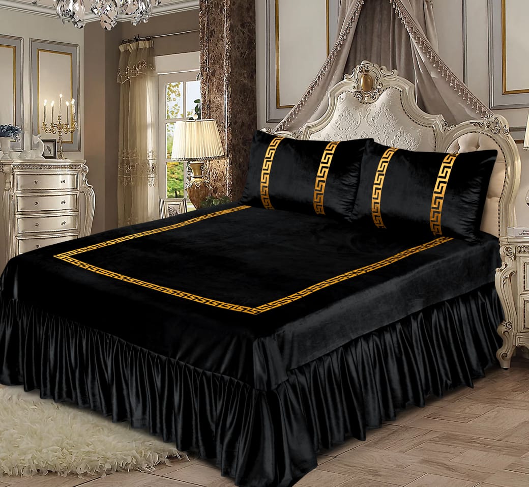 3 PC Shine Velvet Applique Bridal Bed Set Design # 144